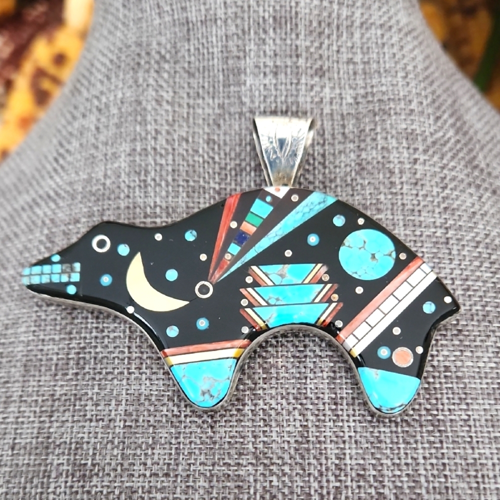 Incredible Native American Navajo Microinlay Multi-stone Bear Pendant 🐻🖤💙❤️